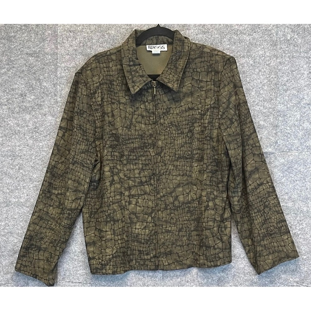 BRIGGS‎ Jacket Womens 16 Olive Green Crocodile Reptile Print Full Zip Collared